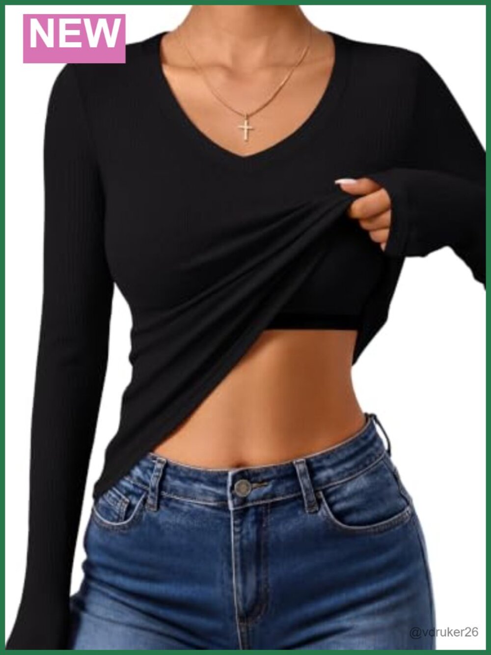 Womens Long Sleeve V Neck Slim Fit Ribbed Knit T Shirt with Built in Bra